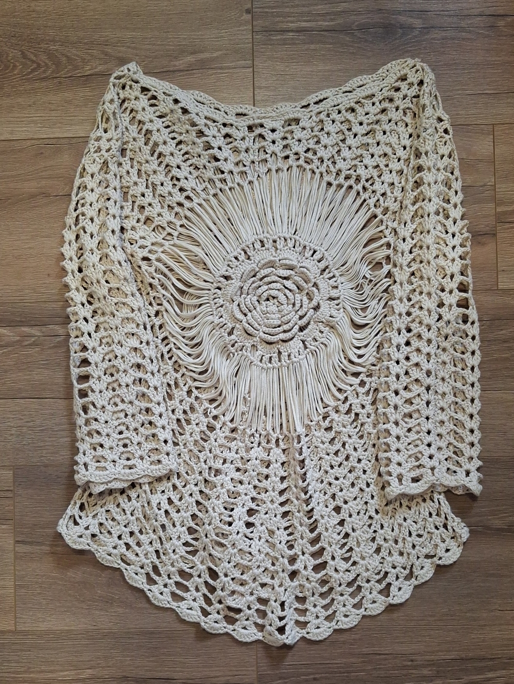 Handmade Crochet Fringe Cardigan in Natural Cream